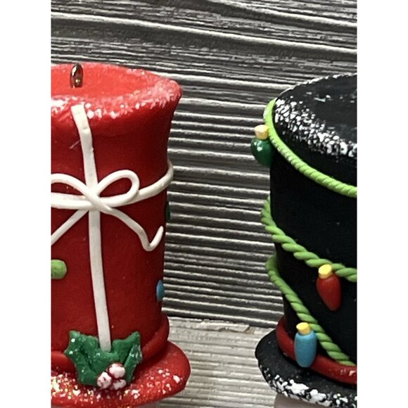 Whimsical Snowman Head Tall Top Hat Clay Christmas Ornaments 3.25” Set Of 2 - Picture 5 of 10